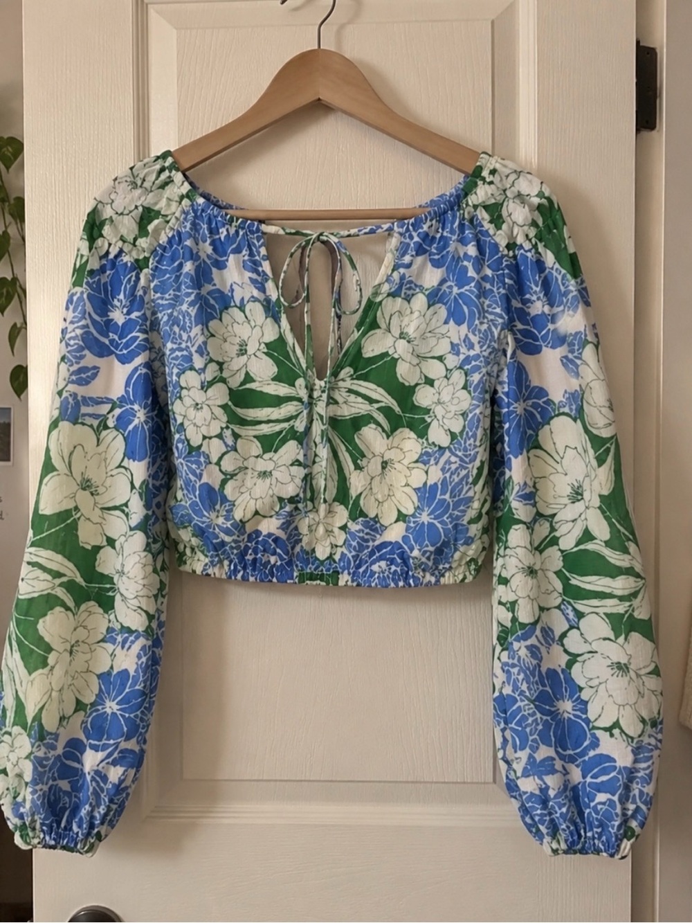 Gianni Bini Blue & Green Floral Tie-Front Crop Top